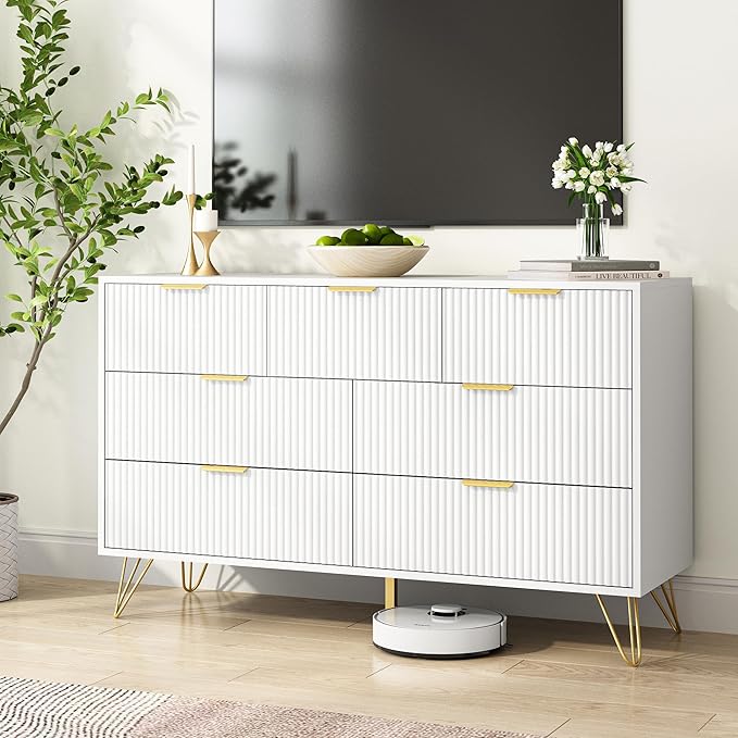 White Dresser for Bedroom, 7 Drawers Dresser with Golden Handles, Modern Wood Chest for Living Room, Hallway, Entryway