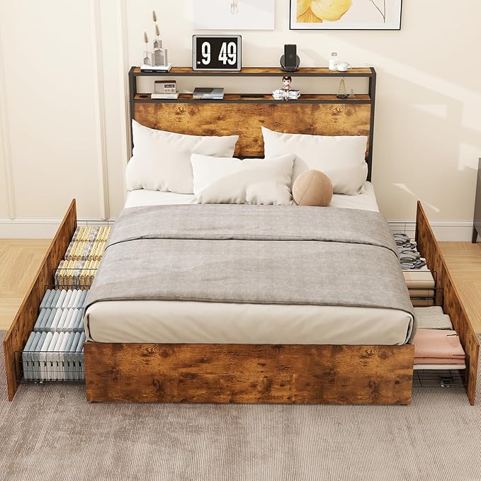 LED Full Size Bed Frame with Storage Wooden Headboard, Metal Platform Bed Frame Full Size with 4 Storage Drawers, Adjustable LED Lights, Charging Station, Noise Free, Easy Assembly, Brown