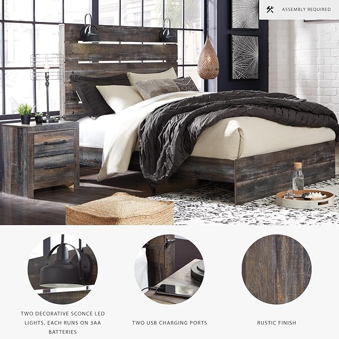 Signature Design by Ashley Drystan Rustic King Panel Bed with Sconce LED Lights, USB Ports and Nailheads, Foundation or Box Spring Needed, Dark Brown & Gray