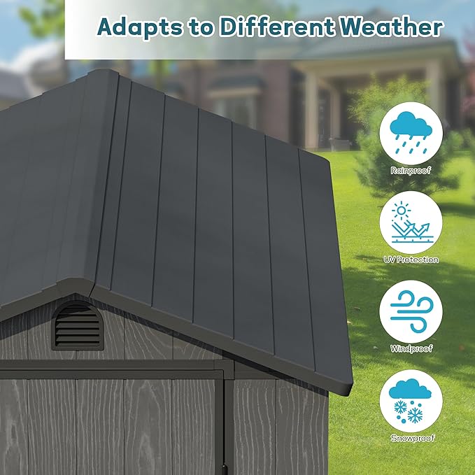 Greesum 4×6FT Plastic Outdoor Storage Shed with Floor, Resin Storaged Sheds with Lockable Door, Window & Vent, All-Weather Tool Sheds for Garden, Backyard, Patio, Dark Gray (One-Piece Panel)