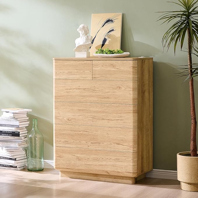 6 Drawer Dresser for Bedroom, 42 Inch Tall Modern Chest of Drawers, Push-to-Open Wood Storgae Organizer with Large Drawers for Bedroom, Living Room, Hallway, Natural Oak