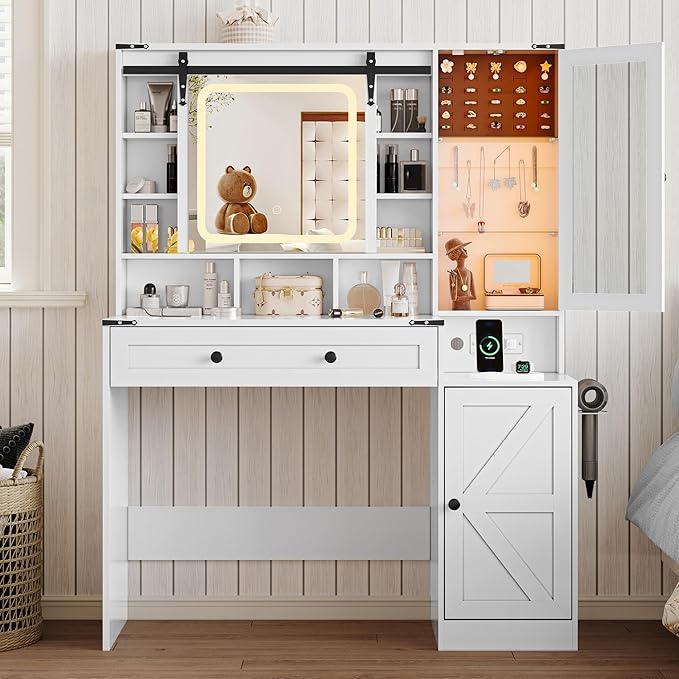 Makeup Vanity Desk with Sliding Mirror and Lights, Farmhouse Vanity Table Set with Power Outlet & RGB Cabinet, Dressing Table with Storage Drawers & Shelves for Kids Girls Women Bedroom, White