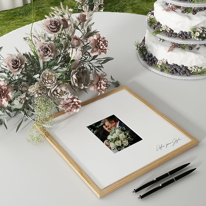 Axeman 14x14 Signature Picture Frame - Solid Oak Wood 14x14 Picture Frame With Mat to 5x7, Graduation Wedding Birthday Guest Book Party Signing, Hanging Hardware Included, Natural