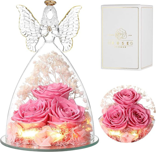 Ocosy Mothers Day Rose Gifts for her, Large Angel Rose Gifts for Women, Forever Real Roses in Angel Figurines, Angel Guardian with Roses Flower, Sweet Pink