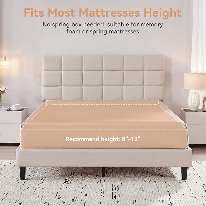 BedsPick Queen Size Bed Frame with Fabric Upholstered Headboard, Bed Frame Queen Size with Solid Wooden Slats Support, No-Noise, Easy Assembly, No Box Spring Needed with 1000LBS, Beige