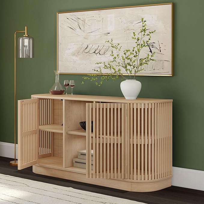 Plank+Beam Contour Wood TV Stand, Two Door Solid Wood Entertainment Console with Storage, 59" L x 16" W x 30" H, Blonde