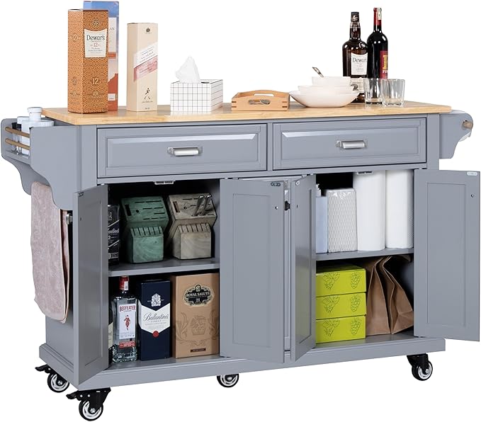 Cambridge Rolling Kitchen Island on Wheels Utility Cart with Spice and Towel Racks and Rubber Wood Countertop, Storage Drawers, Door Cabinets, Gray