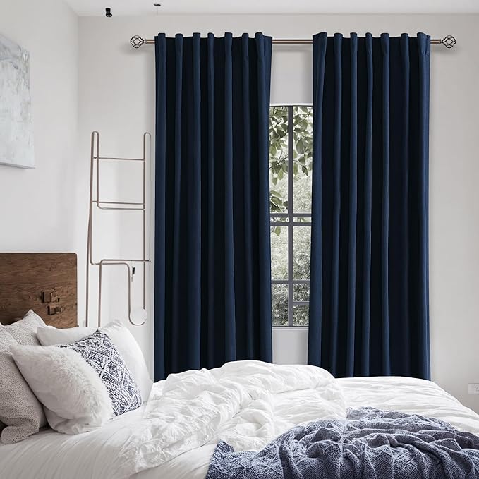 Guken Navy Blue Linen Blackout Curtains 108 Inch Length 2 Panels Set for Living Room Bedroom Back Tab Thermal Insulated 100% Black Out Linen Drapes Room Darkening Window Curtains 108 Inches Long