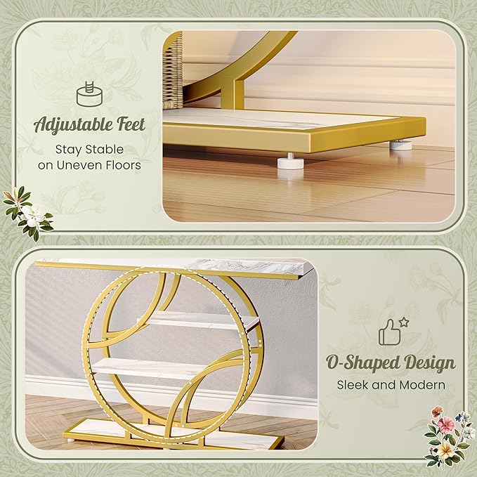 Huuger 47.2 Inch Entryway Table with Marble Top, Modern Console Sofa Table, Accent Table with Shelves, for Entry, Hallway, Entrance, Foyer, O-Shaped Metal Frame, White Marble & Gold