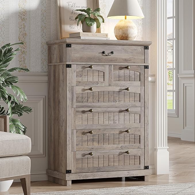 Maupvit Farmhouse 7 Drawer Dresser for Bedroom, 47" Tall Dresser Wood Chest of Drawers, Organizer Drawers for Bedroom, Living Room, Storage Room, Rustic Grey