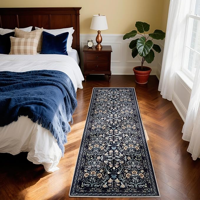 Area Rug Living Room Rug, 4X6 Rugs for Living Room Floral Boho Low Pile Super Soft Washable Rug, Stain Resistant Indoor Floor Non-Slip Carpet for Bedroom Bedside Dining Room Kitchen Nursery, Black