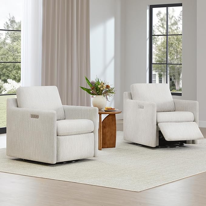 CHITA Swivel Accent Chair with Electric Footrests, FSC Certified Upholstered Living Room Sofa Chair with Power Motor, USB and Type-C Ports, Snow