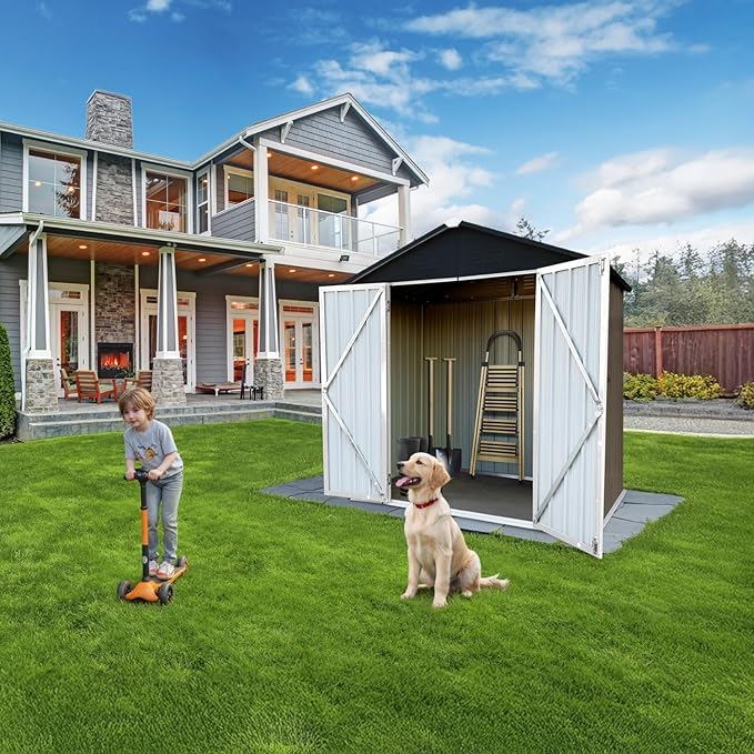 6' x 4' Outdoor Storage Shed, Sturdy Metal Building w/Lockable Doors for Garden, Backyard, Poolside and Lawn, Brown