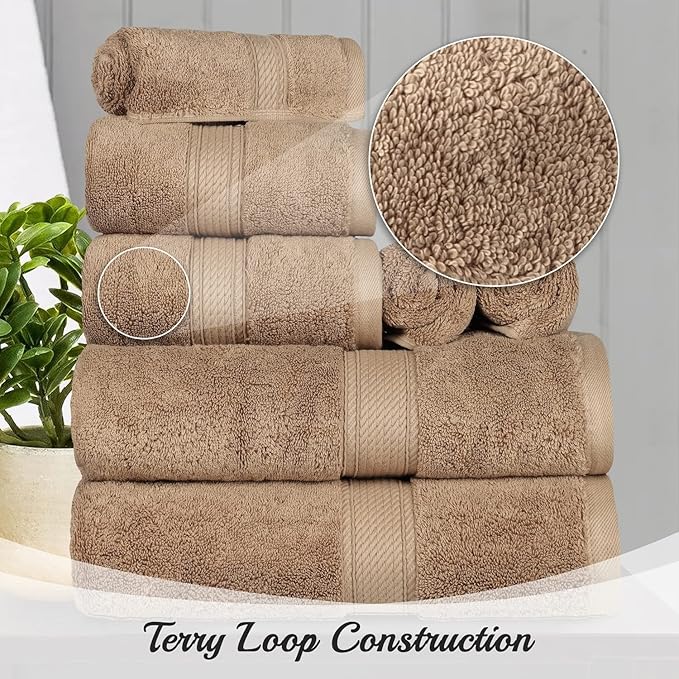 Superior Egyptian Cotton Pile 8 Piece Towel Set, Includes 2 Bath, 2 Hand, 4 Face Towels/Washcloths, Ultra Soft Luxury Towels, Thick Plush Essentials, Guest Bath, Spa, Hotel Bathroom, Latte