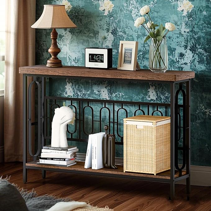 49 Inch Narrow Sofa Table, Industrial Long Sofa Table Behind Couch, Entry Console Table with Storage for Entryway, Living Room, Foyer (Casual)