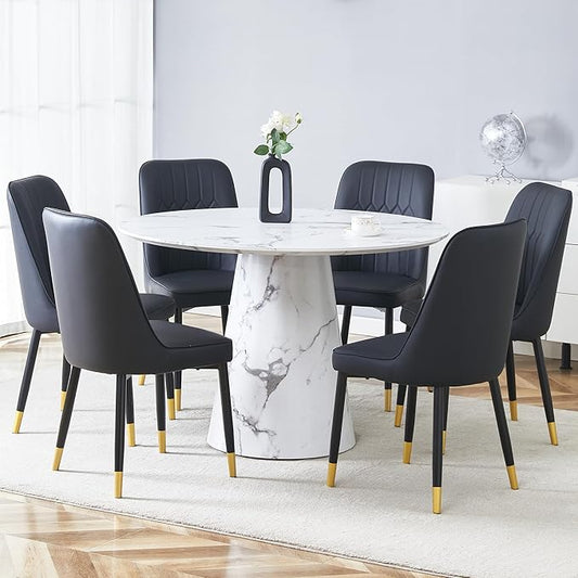 45 Inch Round Dining Table Set for 6, 7 Piece Kitchen Table and Chairs Set, White Faux Marble Table Top, Small Space Dining Set for Apartment or Dining Room