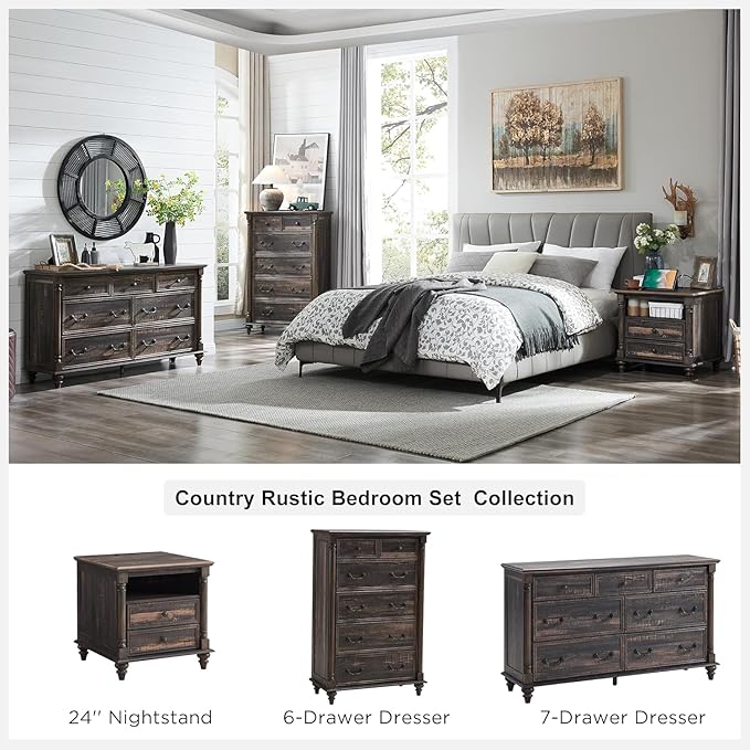 T4TREAM Farmhouse 7 Drawers Dresser Chests for Bedroom w/4 Solid Wood Feet & Column Design, Tall Wide Wooden Rustic Chest of Drawers, Storage Dressers for Bedroom, Living Room, Dark Rustic Oak