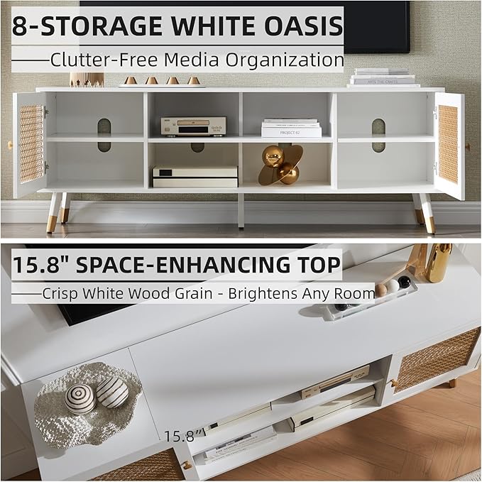 Mid Century Modern TV Stand for Living Room, TV Consoles for TVs Up to 75" - White Entertainment Center, 2 Gold Metal Mesh Doors & MDF Wood Grain, 15.8" D x 66" W x 23.5" H