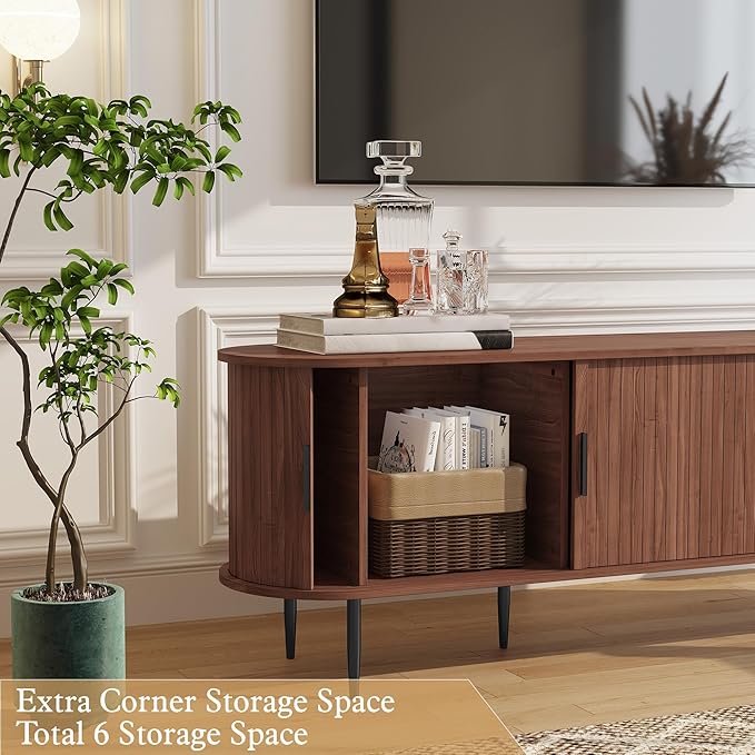 ARTPOWER 70" Modern TV Stand with Tambour Door for TVs up to 80", Entertainment Center with Storage, Fluted Television Consoles for Living Room, Brown