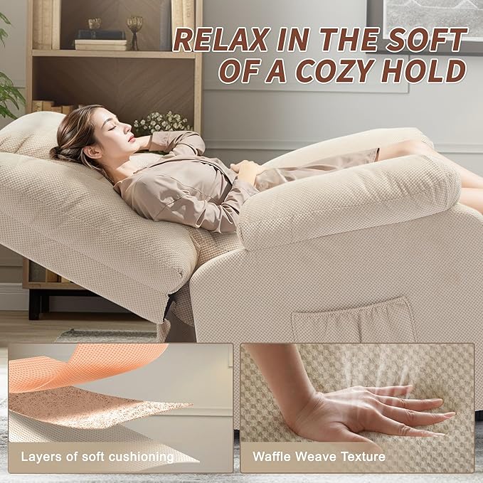 Oversized Dual Motor Power Lift Recliner for Adults, Electric Lift Chair with Heating and Massage, Waffle Fabric Electric Recliner Chair with Side Pockets, Wide Recliner for Living Room
