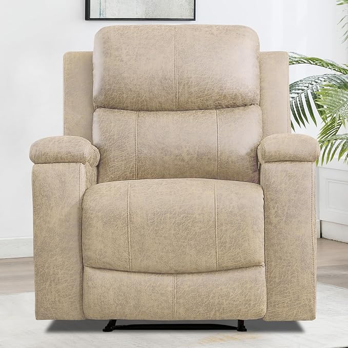 CANMOV Leather Recliner Chair, Classic and Traditional Manual Recliner Chair with Overstuffed Arms and Back, Manual Single Sofa with Concealed Cup Holders,Beige