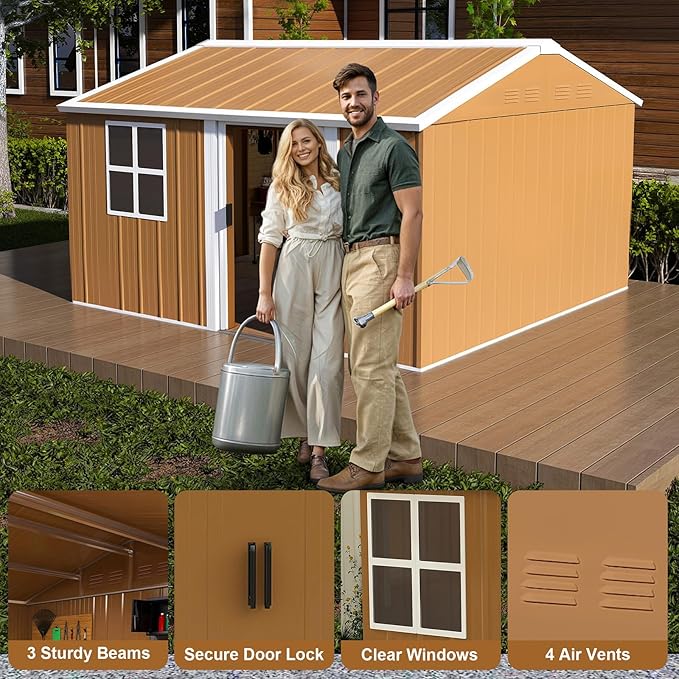 12x10 FT Outdoor Storage Shed, Metal Tool Storage with Updated Frame Structure, Vertical Outside Storage Building, Ventilation, Sloped Roof, Metal Garden Shed for Backyard, Lawn, Patio (12x10 FT)