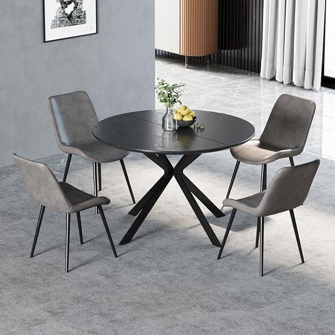 46.4" Round Dining Table Set with 4 Chairs, Modern Dining Set with Comfortable PU Leather Chairs, Sturdy MDF Table with X-Shaped Base, Easy Assembly, Ideal for Dining Room or Kitchen