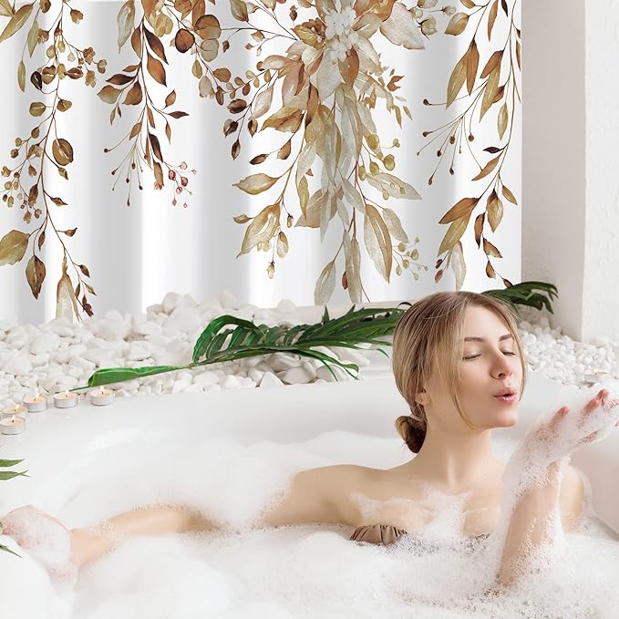 Gibelle Brown Eucalyptus Shower Curtain, Watercolor Plant Leaves with Floral Bathroom Shower Curtain Set with Hooks, 72x72