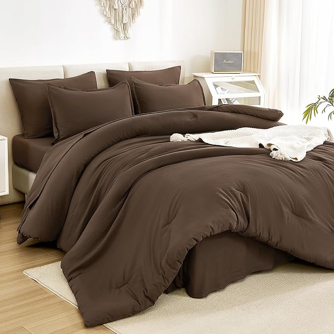 Litanika Oversized King Comforter Sets Brown - 7 Pieces Bed in a Bag Oversized King Bedding Comforter Sets, Solid Lightweight Bed Set with Comforter, Sheets, Pillowcases & Shams