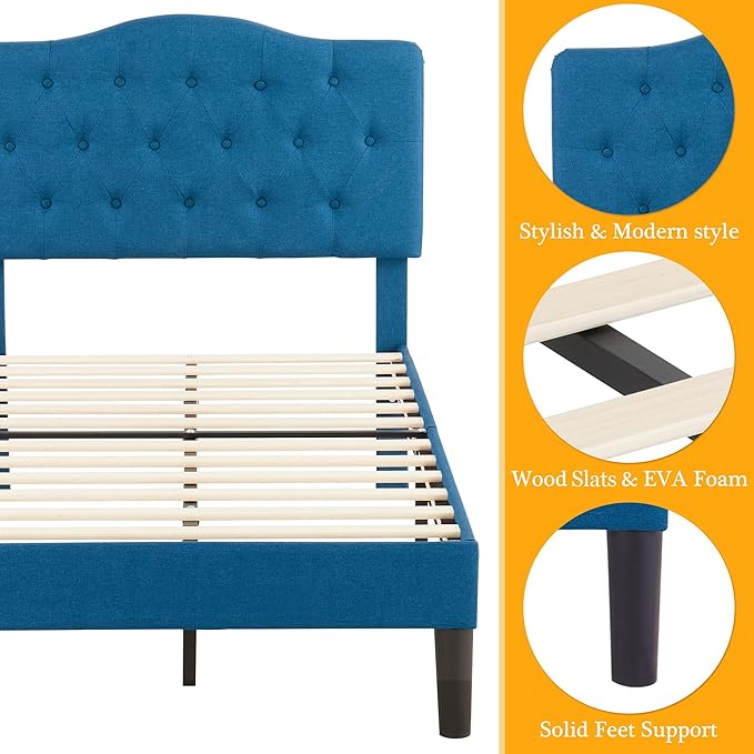 VECELO Twin Size Platform Bed Frame with Fabric Upholstered Headboard and Wooden Slats Support, No Box Spring Needed/Easy Assembly,Blue