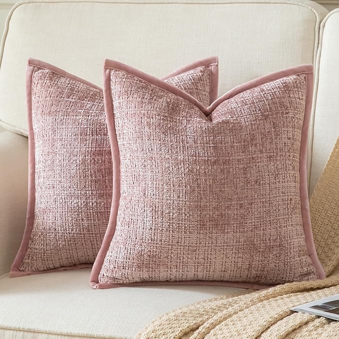 Yaertun Pack of 2 Chenille Textured Decorative Throw Pillow Covers Accent Solid Cushion Cover Soft Cozy Pillow Case with Velvet Back for Couch Sofa Bed Living Room 18x18 Inch Dusty Pink