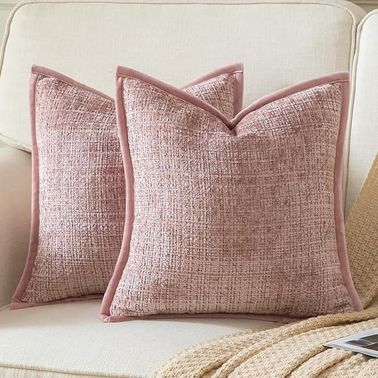 Yaertun Pack of 2 Chenille Textured Decorative Throw Pillow Covers Accent Solid Cushion Cover Soft Cozy Pillow Case with Velvet Back for Couch Sofa Bed Living Room 20x20 Inch Dusty Pink
