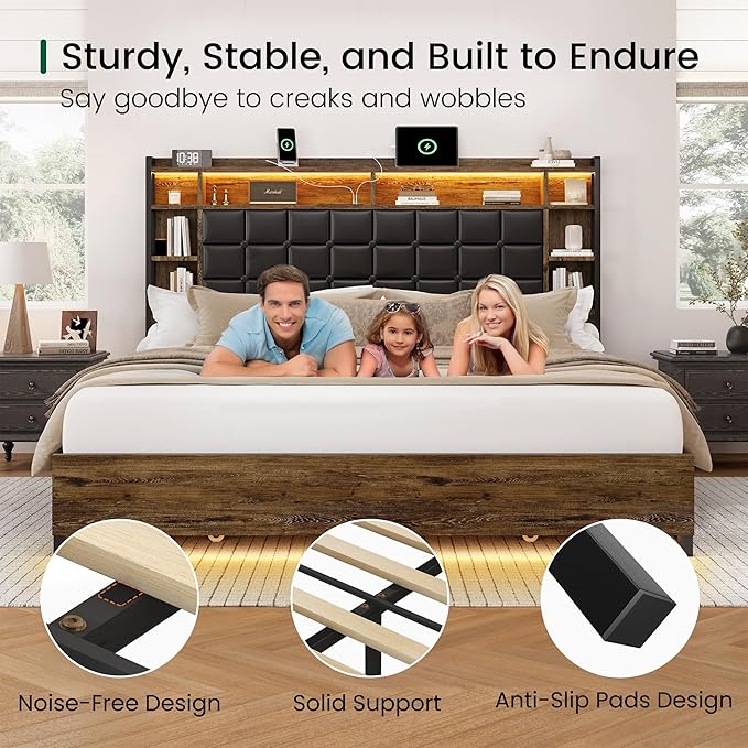 King Size Bed Frame with Charging Station and LED Lights Wooden Platform Bed Frame with 4 Storage Drawers and Bookcase Headboard, Faux Leather Upholstered, No Box Spring Needed, Brown