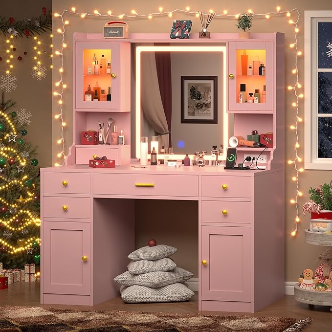 Vanity Desk with LED Lighted Mirror, 41.3" Makeup Vanity Table with Power Outlet and Lots Storage, 6 Drawers and Storage Shelves for Bedroom, Dressing Table with RGB Cabinets, Pink