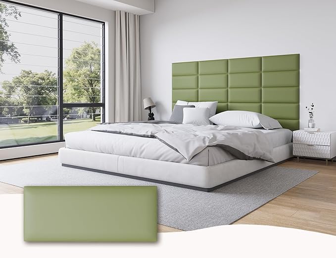 Leather Green Wall Mounted Headboard Queen Size, 12PCS Stick-On Tufted Panels, Upholstered Bed Backboard for Bedroom Decor, 10"x24" Each, Leather - Green