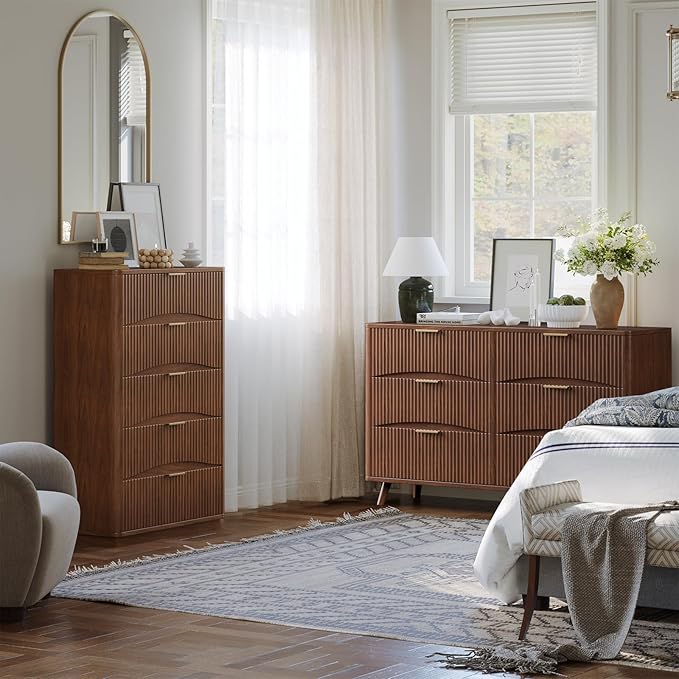 Fluted 5 Drawers Dresser, 47" Tall Wooden Dressers Storage Organizer,Modern Chest of Drawers for Bedroom with Deep Storage, Living Room,Entryway, Walnut