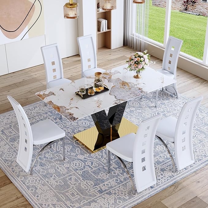 71'' Dining Table Set for 6,Modern Dining Room Table Set for 6,Marble Dining Table with 6 PU Leather Dining Chairs,Gold Dining Room Table with Glossy V-Shaped Base Ideal for Kitchen