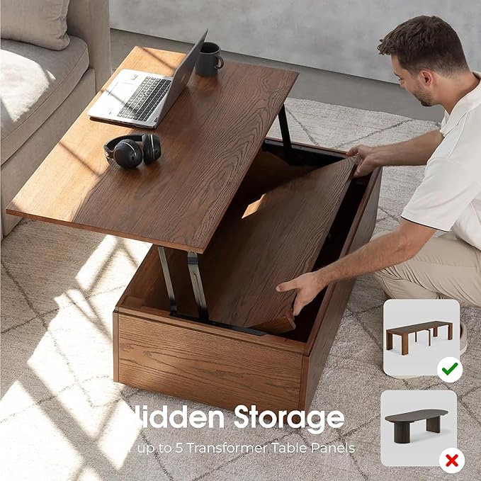 Transformer Table Lift Top Coffee Table with Storage, Modern Coffee Table for Living Room, Home Office & Dining, Space-Saving Small Coffee Desk with Panel Hidden Storage for Transformer Dining Table