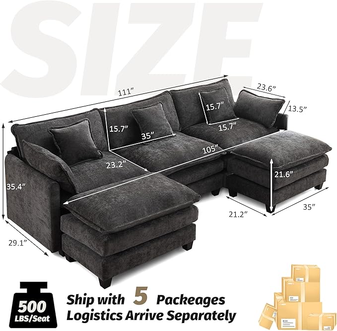 111'' Sectional Cloud Deep Seat Couch, Oversized Chenille U Shaped Sectional Sofa for Living Room Set, Comfy Upholstered Modular 5-Seats Sectional Sofa Couch with 2 Movable Ottoman, Dark Grey