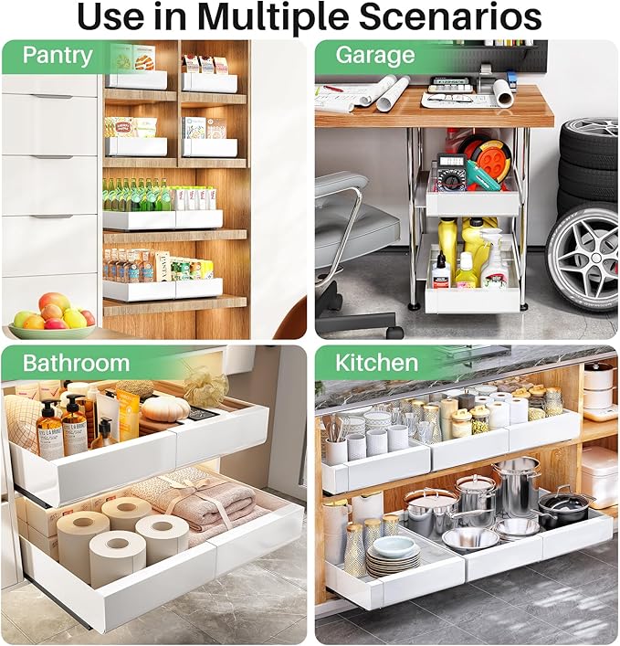 2 Packs Pull out Cabinet Organizer, Expandable(12"-20") Heavy Duty Slide out Drawers Fixed with Adhesive Nano Film for Pots, Roll out Shelf Storage for Kitchen Base Cabinet Organization