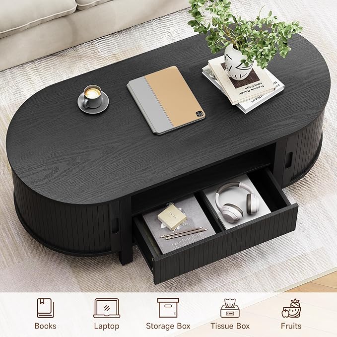 47.2 Inch Oval Coffee Table with Storage, Mid Century Modern Coffee Table with Drawer, Center Table with Sliding Door and Wood Fluted Handle for Living Room, Black