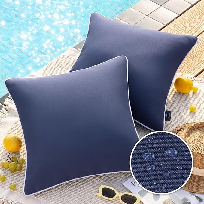 Phantoscope Pack of 2 Outdoor Waterproof Solid Throw Decorative Pillow Cover Decorative Square Outdoor Pillows Cushion Case Patio Pillows for Couch Tent Sunbrella (20''x20'', Dark Blue)
