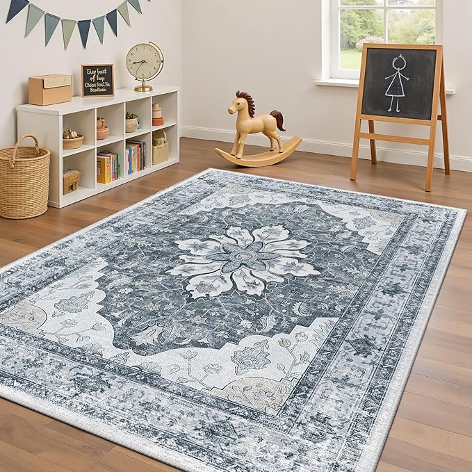 Area Rugs 4'x6' Washable Non-Slip, Floral Vintage Distress Print Pattern Medallion Carpet for Living Room Bedroom Dining Room, Light Gray Grey White