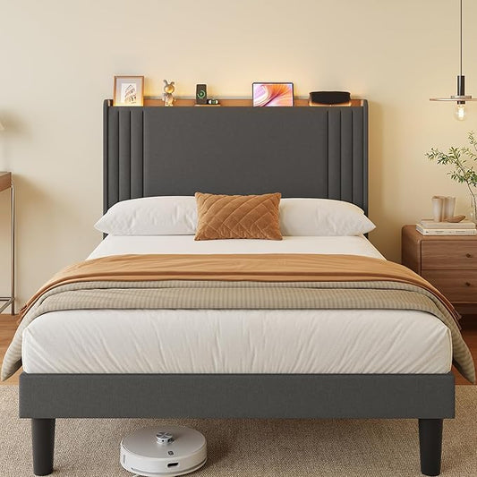 Gizoon Full Bed Frame with Charging Station and LED Lights,Upholstered Wingback Platform Bed with Wooden Slats,Noise-Free,No Box Spring Needed