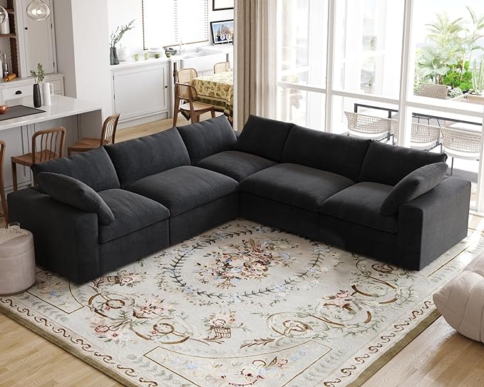 JACH Modern Seational Couch for Living Room, 5-Seats Modular Convertible Sofa, V-Shaped Cloud Couches, Couch Cushion Covers Removable, Comfy Sofas for Living Room Apartment (Black)