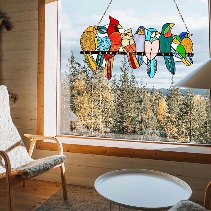Stained Glass Birds Window Hangings, 9 Multicolor Stained Glass Birds on Branch Suncatcher, Handmade Tiffany Style Bird Lovers Gifts Decor for Mother, Women.