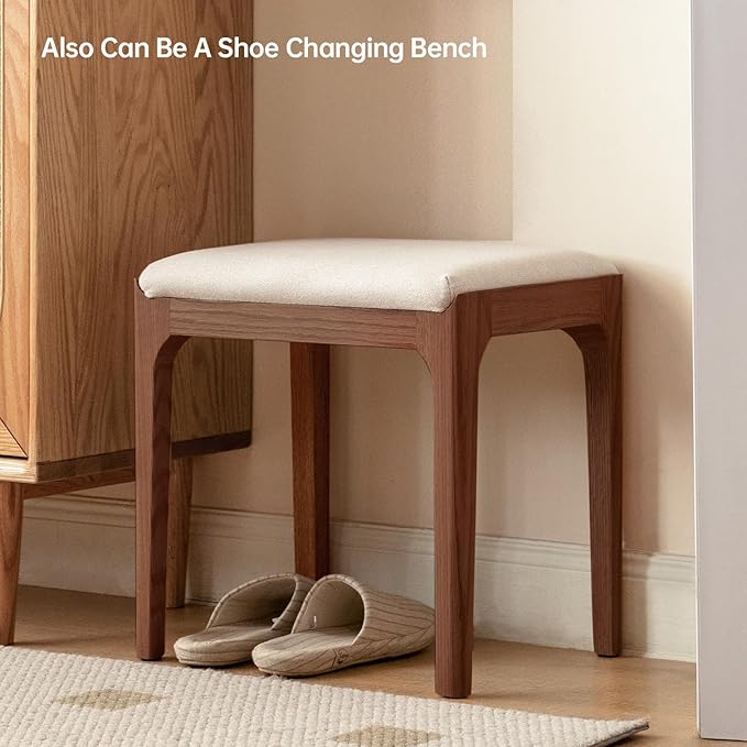 Solid Wood Small Vanity Stool Chair, High-Rebound Sponge Seat, Fully Assembled Makeup Chair, Footstool for Bedroom, Dining Room, Entryway, Walnut