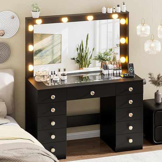 43.3" Vanity with Large Mirror and 10 LED Lights, Vanity Desk with Glasstop, 11 Drawers with Crystal Handles, Dressing Table with Power Outlet as Gift for Women, Girls (Black)