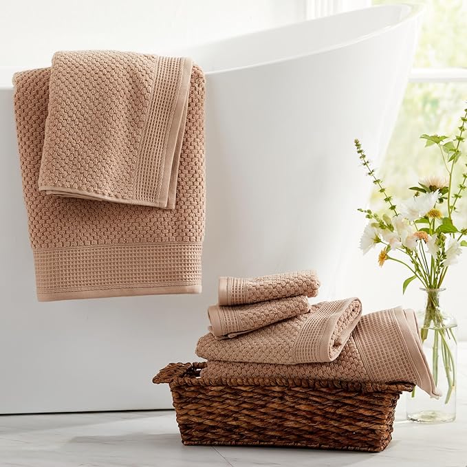 Belle Collection 100% Cotton Waffle Textured 6 Piece Towel Set | Super Soft Quick Dry Bath & Hand Towels, Washcloths | Beige
