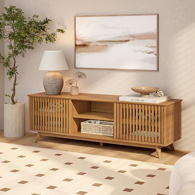 Plank+Beam Mid-Century Modern Wood TV Stand, Solid Wood Entertainment Console with Storage, 59" L x 16" W x 19" H, Pecan